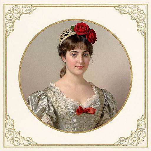 Photograph of a young woman in 18th-century-style dress with lace, silver fabric, red bow, and red rose headpiece, framed in