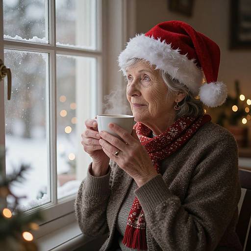 Photograph of an elderly woman with gray hair, wearing a red Santa hat and red scarf, sipping from a white mug by a snowy window,