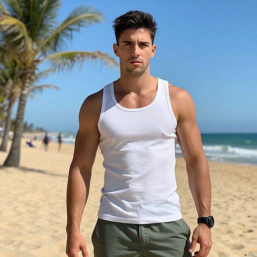 Photograph of a muscular, handsome man with short dark hair, wearing a white tank top and green pants, standing on a sunny beach with palm trees
