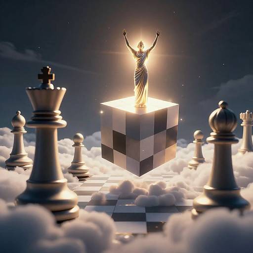 Digital artwork of a radiant, robed figure with arms raised, standing on a glowing black-and-white cube amidst cloudy chessboard, surrounded by oversized chess