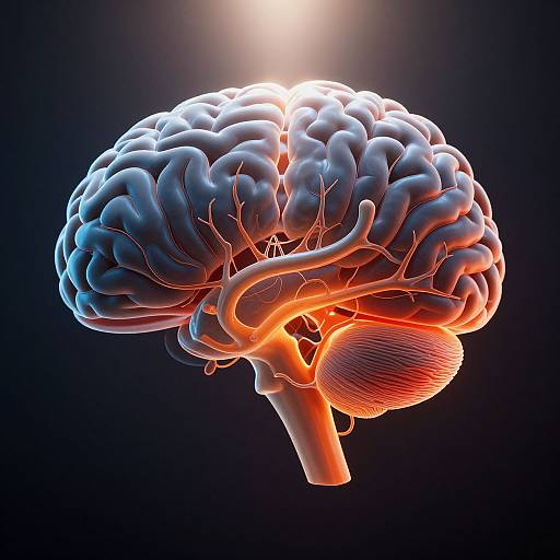Digital 3D rendering of a glowing, blue and orange brain against a dark background, highlighting intricate neural structures and vivid lighting effects.