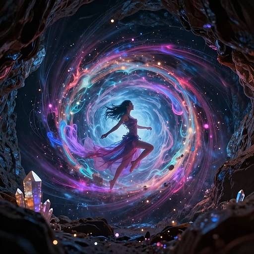 Digital fantasy artwork of a silhouetted female figure with flowing hair, floating in a swirling vortex of vibrant, glowing colors, surrounded by sparkling stars