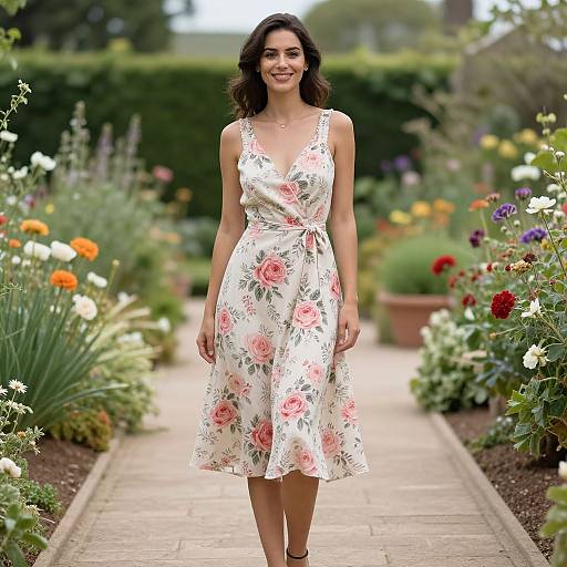 Photograph of a smiling woman with wavy brown hair, wearing a sleeveless, floral-patterned, V-neck dress, standing in a vibrant,