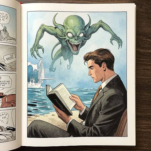 Comic illustration: A brown-haired man in a suit reads a book on a beach, with a green, monstrous sea creature looming menacingly above. Open