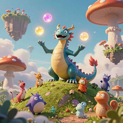 Vibrant CGI fantasy scene featuring a blue dragon with red horns, surrounded by colorful, cute creatures on a grassy hill with floating islands and giant
