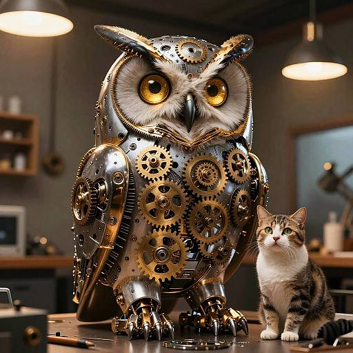 Photograph of a detailed, metallic owl sculpture with gears and golden eyes, standing next to a curious, striped cat in a modern, dimly lit
