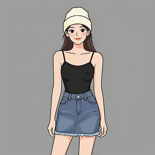 Digital anime-style drawing of a smiling young woman with long brown hair, wearing a white beanie, black spaghetti top, and blue denim skirt against a