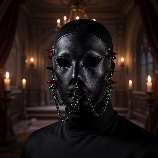 Dark, dramatic photograph of a person in a black, spiked leather mask with chains, set in a dimly lit, candle-lit church.