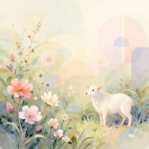 Watercolor painting of a white deer standing among vibrant pink, white, and purple flowers in a sunlit, dreamy meadow.