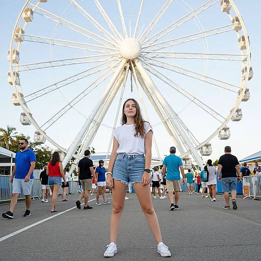 Photograph of a smiling young woman in a white t-shirt and denim shorts standing in front of a large Ferris wheel at a fair, surrounded by