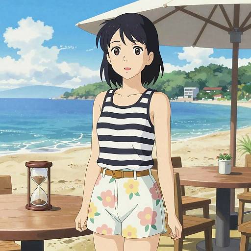 Anime-style drawing of a black-haired woman in a black-and-white striped tank top and floral shorts, standing on a sunny beach with a wooden table and
