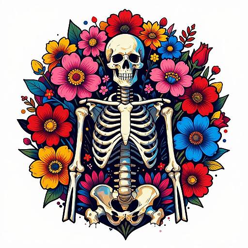 Colorful tattoo-style drawing of a skull and skeleton surrounded by vibrant red, yellow, pink, and blue flowers with green leaves.