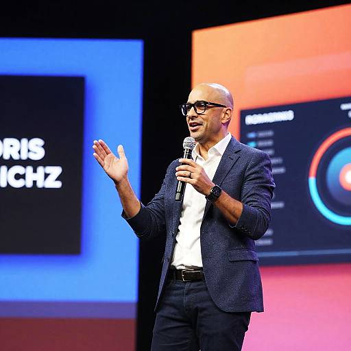 Photograph of a bald Black man with glasses, wearing a navy blazer and white shirt, speaking into a microphone on stage. Background features colorful digital