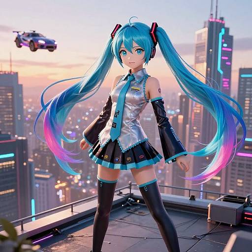 Digital anime artwork of Vocaloid character Hatsune Miku with long blue and pink twin-tails, standing on a rooftop at sunset, cityscape background