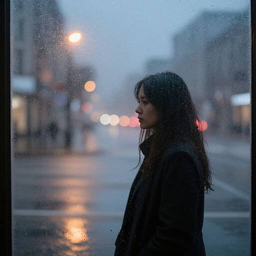Photograph of a wet-haired woman in profile, standing by a rain-streaked window at dusk, with blurred city lights in the background.