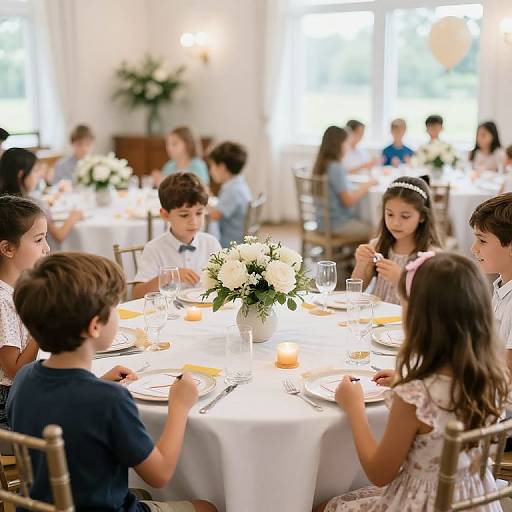 Photograph of a lively children's birthday party with kids in formal attire, seated around round tables with white tablecloths, floral centerpieces, and