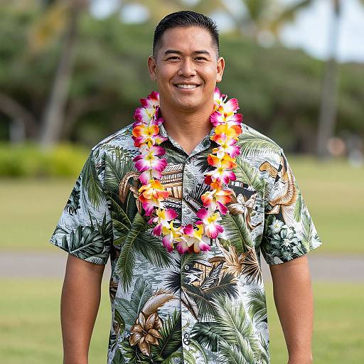 Photograph of a smiling Asian man with short black hair, wearing a tropical floral shirt and a colorful hibiscus lei, standing outdoors in a