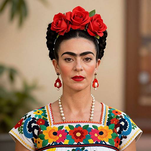 Photograph of a woman with dark hair, red flower crown, vibrant embroidered dress, red earrings, pearl necklace, and red lipstick. Background: blurred