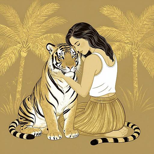 Digital illustration of a woman with long black hair, wearing a white tank top and gold skirt, tenderly touching a sitting tiger, with palm trees in