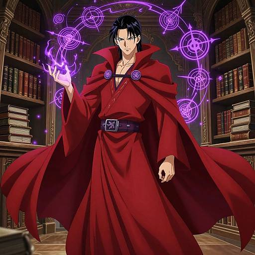 Anime-style illustration of a black-haired man in a red cloak, casting purple magical circles with his right hand in a dimly lit library.