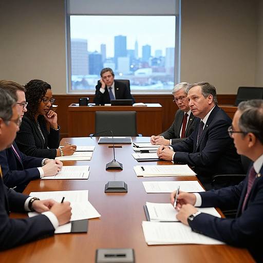 Photograph of a formal business meeting: seven suited professionals seated around a wooden conference table, with a projector screen in the background. One woman with curly