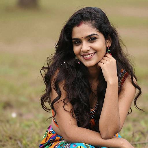 Photograph of a smiling Indian woman with long, wavy black hair, wearing a colorful traditional dress, adorned with jewelry, in a grassy outdoor