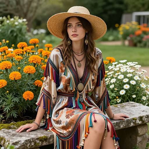 Photograph of a young woman with wavy brown hair, wearing a wide-brimmed straw hat and colorful, fringe-trimmed bohemian