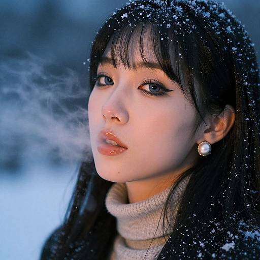 Photograph of an Asian woman with snow-covered black hair, wearing a beige scarf and pearl earrings, breathing visible steam in a snowy landscape.