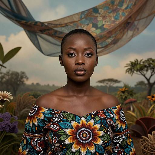 Photograph of a dark-skinned woman with braided hair, wearing an off-shoulder dress with vibrant floral patterns, standing in a lush,