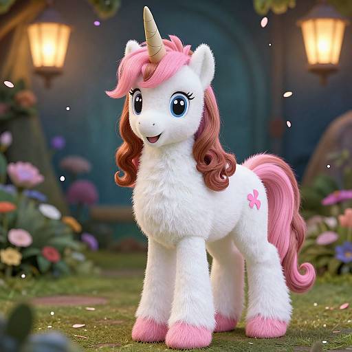 Digital illustration of a fluffy white unicorn with pink mane and tail, large blue eyes, and a pink cutie mark, standing in a magical garden with