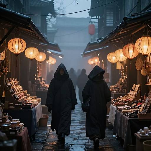 Photograph of a misty, dimly-lit Asian night market with two hooded figures walking between illuminated stalls, warm paper lanterns glowing on