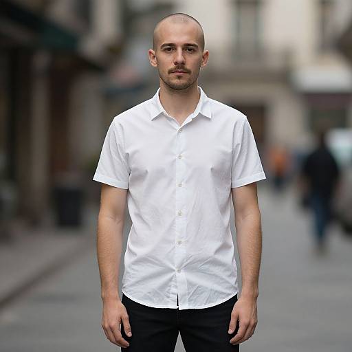 Photograph of a bald, bearded man with light skin in a white short-sleeve button-up shirt and black pants, standing on a blurred