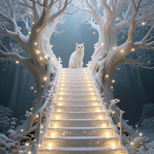 Magical night scene: white cat at top of illuminated, snow-covered staircase between two glowing, twisted trees in enchanted forest.