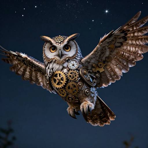 Digital artwork of a steampunk owl with gears and cogs on its body, flying against a starry night sky.