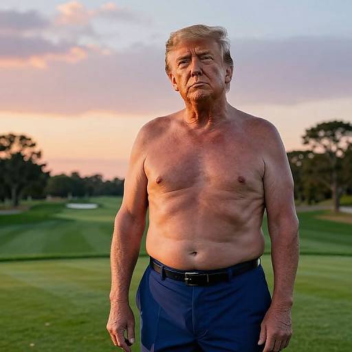 Photograph of a shirtless, middle-aged, Caucasian man with blond hair, wearing dark blue pants, standing on a golf course at sunset.
