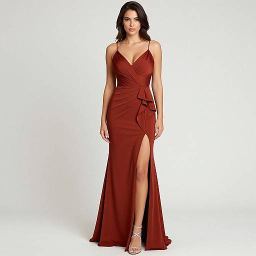 Photograph of a dark-haired woman in a deep red, sleeveless, V-neck gown with a high slit, and silver strappy heels, standing