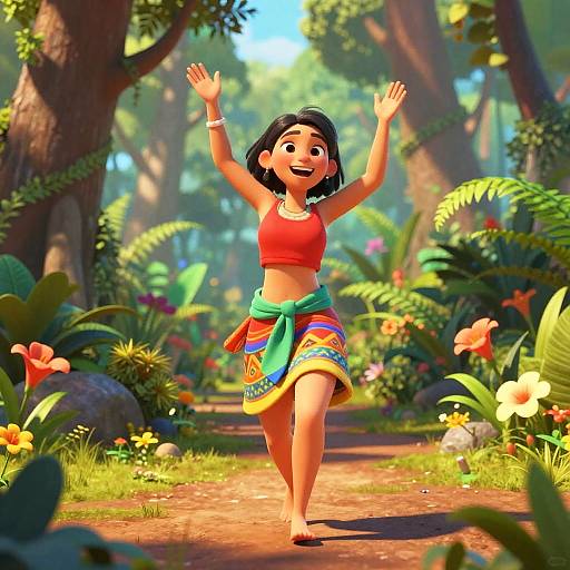 Digital artwork of a joyful, dark-haired woman in a red crop top and colorful skirt, arms raised, walking on a sunlit forest path. Vibr