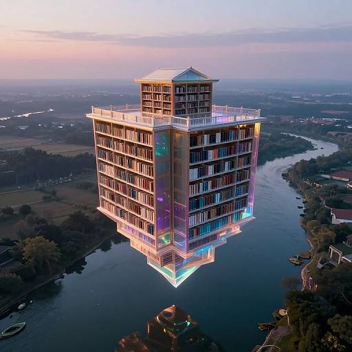 Photograph of a glowing, multi-story building illuminated at dusk, floating over a river with a sunset sky and distant landscape.