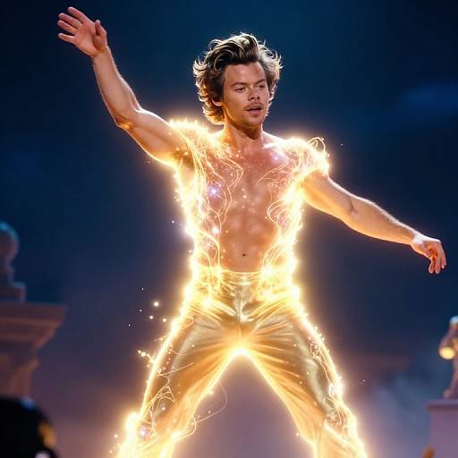 Photograph of a muscular man with medium-length dark hair, shirtless, and engulfed in bright orange flames, performing a dynamic dance pose against a