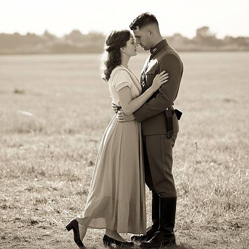 Sepia-toned photograph of a couple kissing in an open field, the woman in a flowing dress and the man in a military uniform.