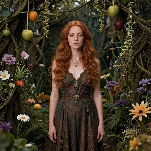 Photograph of a red-haired woman with long wavy hair, wearing a black lace dress, standing in a lush, enchanted forest adorned with colorful flowers