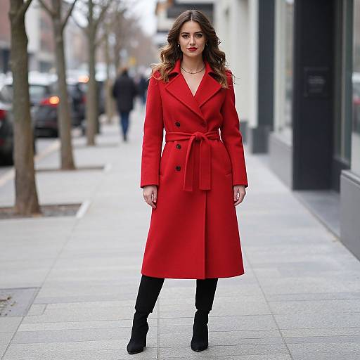 Photograph of a young woman with wavy brown hair, wearing a bright red double-breasted coat, black pants, and black boots, standing on