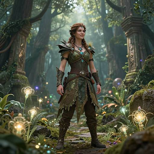 Digital art of a fierce, armored woman standing in a mystical forest, surrounded by glowing flowers and ancient stone columns.