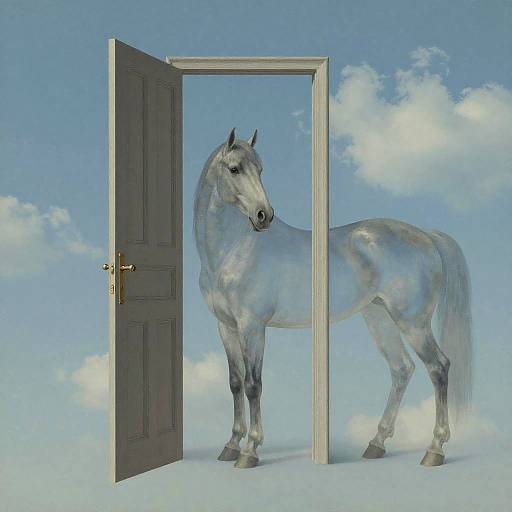 Photorealistic digital art: A white horse with a shimmering coat stands in a partially open, wooden door against a bright blue sky with fluffy clouds