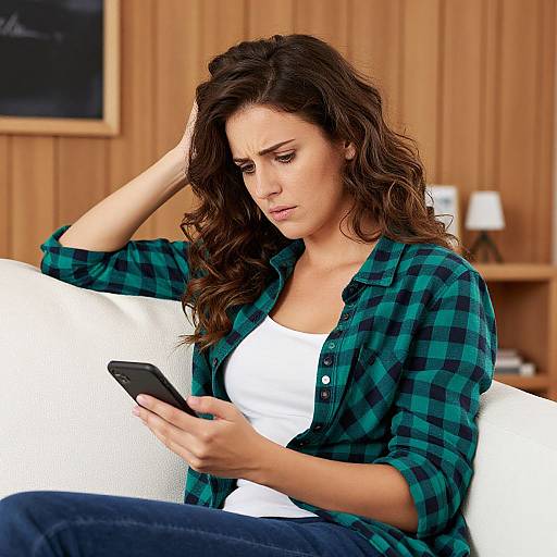 Photograph of a worried woman with curly brown hair, wearing a green plaid shirt and white tank top, sitting on a white couch, intensely looking