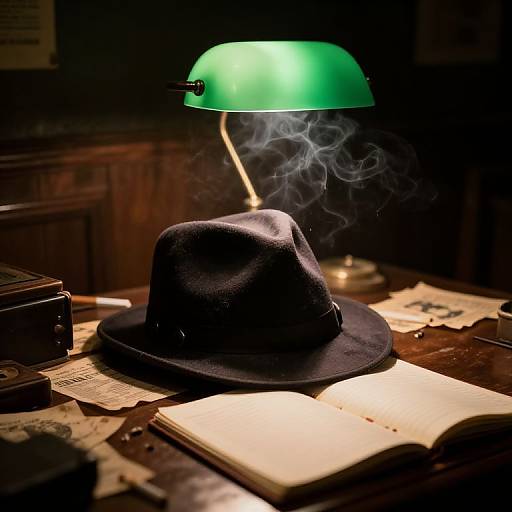Photograph of a black fedora hat emitting smoke, under a green shaded lamp, on a cluttered wooden desk with old books and papers, creating
