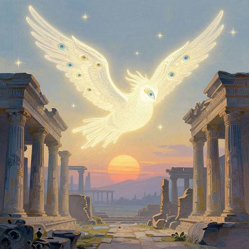 Glowing Cherubim Over Ancient Temple Ruins