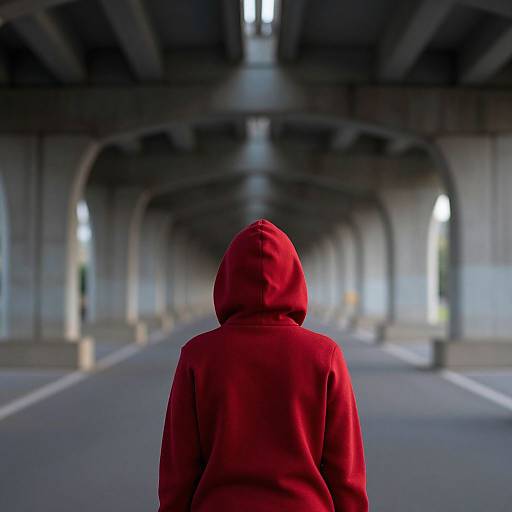 Photograph of a person in a vivid red hoodie standing under an overpass, facing away, with a blurred, dimly lit tunnel background.