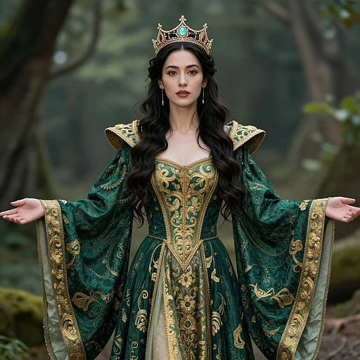 Digital artwork of a fair-skinned, dark-haired woman in an ornate green and gold medieval dress with a crown, standing in a misty forest
