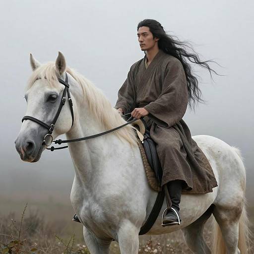 Man with Long Hair Riding Albino Horse